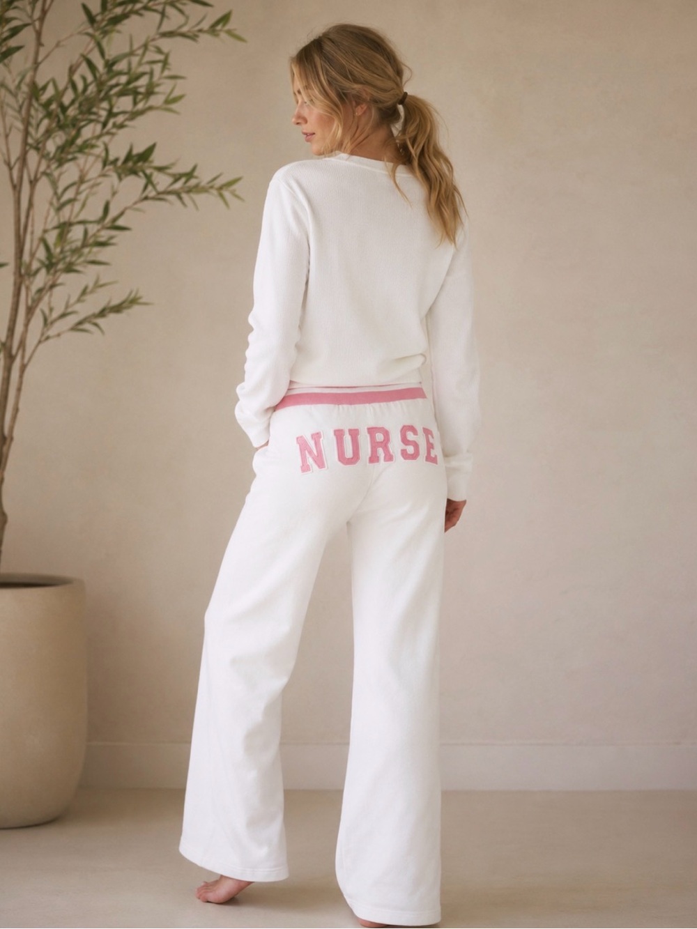 Nurse White Pink Flare Sweatpants Lounge Joggers Embroidered Medium